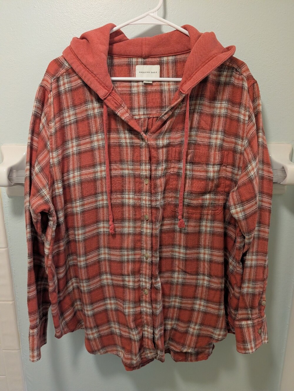 American Eagle Outfitters Pink Tone Plaid Hooded Button-Down Flannel Shirt